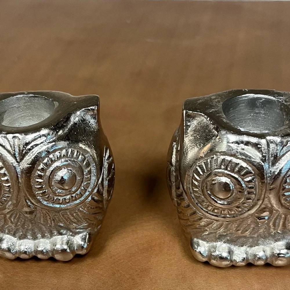 Vintage Pair of Heavy Silvertone Owl Candlestick Holders